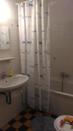 a bathroom with a sink and a shower curtain at Ferienwohnung Höllenblick in Quedlinburg