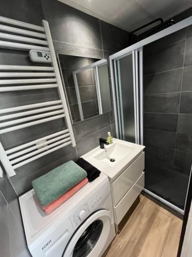 une petite salle de bains avec un lave-linge et un lavabo dans l'établissement Charmant studio, quartier historique, à Cannes