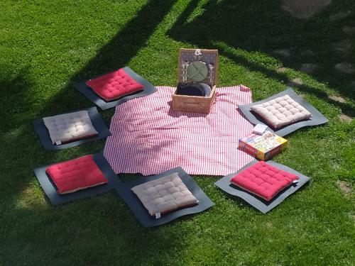 an overhead view of a picnic blanket on the grass at La casa nel Monferrato "LA CONTENTËSSA" in Asti