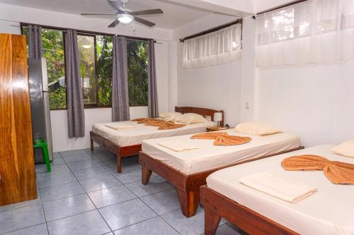 a room with three beds and a window at Corcovado & Drake Inn in Drake
