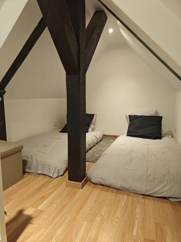 une chambre avec deux lits dans un grenier dans l'établissement Authentique Appartement cosy, à Schiltigheim