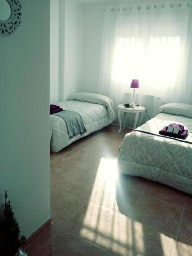 a bedroom with two beds and a lamp on a table at ODELOT Toledo in Olías del Rey