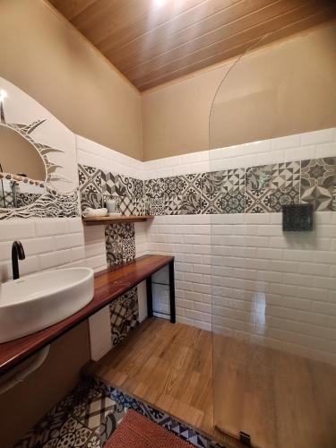 a bathroom with a sink and a mirror at Corcovado Accommodations-pool-best views-nature in Puerto Jiménez