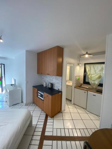 - une cuisine avec évier et comptoir dans la chambre dans l'établissement Ben's Studio Lac de Créteil, à Créteil