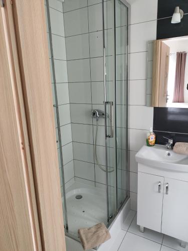 a bathroom with a shower and a toilet and a sink at Eleven Pokoje in Gdynia