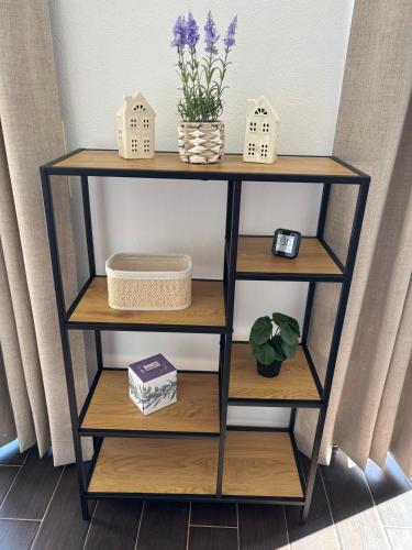 a shelf with wooden shelves and houses and a plant at Gemütliche Ferienwohnung mit Sonnenterrasse in Schlitz