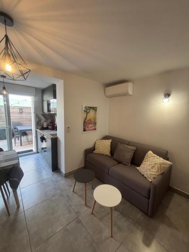 a living room with a couch and a table at Les Flamants Roses La Capte T2 4 personnes 200m de la plage in Hyères