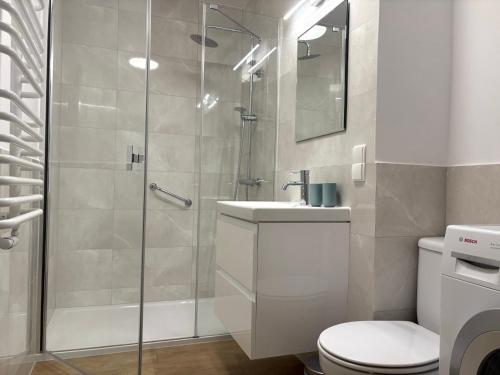 a bathroom with a shower and a toilet and a sink at Apartament Babie Lato in Szczawnica