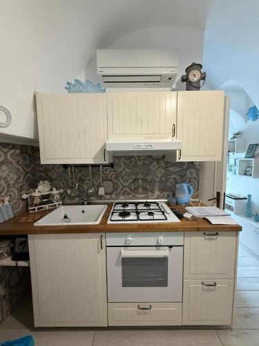 a kitchen with a stove and a sink at Casetta Azzurra in Monopoli