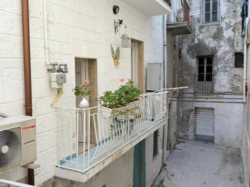 an alley with flowers on the balcony of a building at Casetta Azzurra in Monopoli