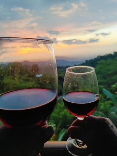 una persona con una copa de vino tinto en El Eden Minca, en Minca