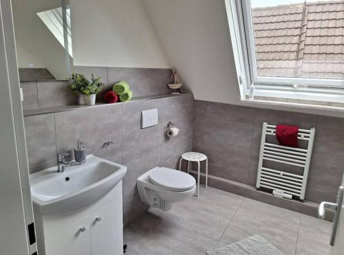 a bathroom with a toilet and a sink and a window at Ferienwohnung Lavanda in Rust