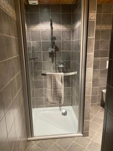 une salle de bain avec douche et baignoire dans l'établissement Chalet le 1791, à La Clusaz