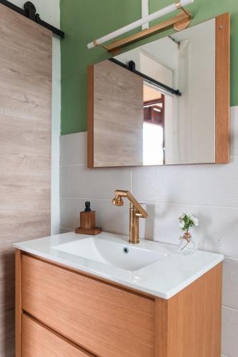 a bathroom with a sink and a mirror at La Kaz and Ti Thano in Port-Louis