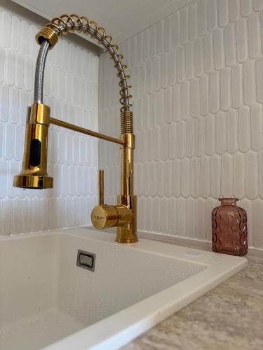 un robinet en or sur un évier dans l'établissement Elegant studio between train station and city center, à Aix-les-Bains
