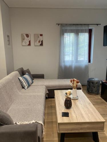 a living room with a couch and a coffee table at Mountain View Apartment in Pramanta