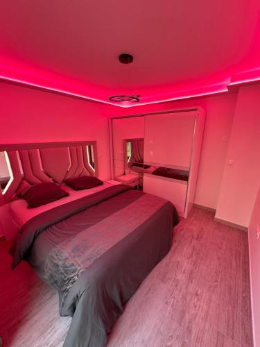 - une chambre avec un grand lit et un éclairage rose dans l'établissement Petit appartement, cosy très calme à côté de PARIS, à Villeneuve-le-Roi