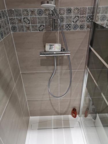 La salle de bains est pourvue d'une douche avec un tuyau bleu. dans l'établissement Mandelieu Iselette du Riou, à Mandelieu-la-Napoule