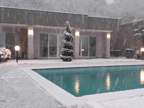 a swimming pool in the snow with a christmas tree at Villa Dimo Topal in Ohrid