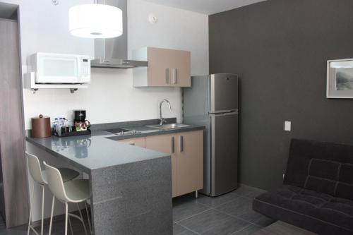 a kitchen with a refrigerator and a counter top at Casa Inn Galerias Celaya in Celaya