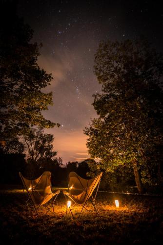 two chairs sitting in the grass under a night sky at VRBA mobile house by the Kolpa river BIG BERRY Metlika in Metlika