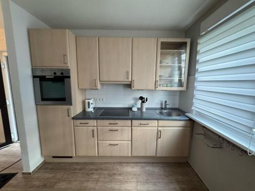 a small kitchen with wooden cabinets and a sink at Beethoven Apartments in Solingen