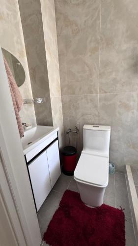 a bathroom with a white toilet and a sink at Harmony Lake House in Chon-Sary-Oy