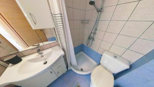 a bathroom with a toilet and a sink and a shower at Villa Horizontes 1 in Possidi