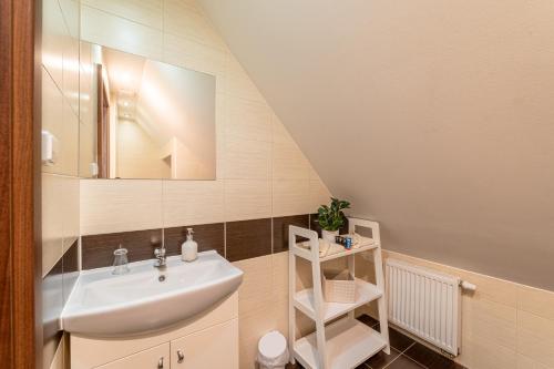a bathroom with a sink and a mirror at Penzion Studánka, Klíny in Klíny