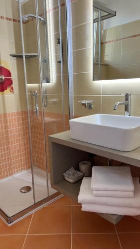 a bathroom with a sink and a shower at Borgo di Santa Barbara in Santa Domenica