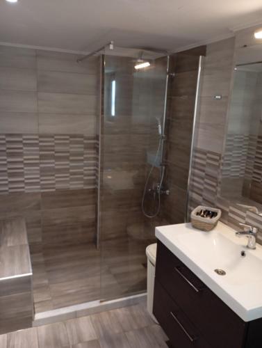 a bathroom with a shower and a sink at Zoe's Apartment in Pídima Kyrás