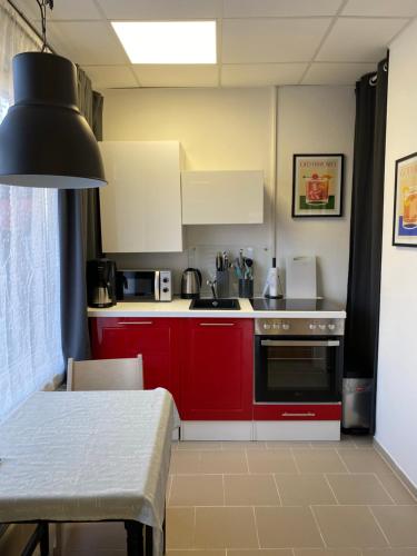 a small kitchen with red cabinets and a stove at Apartment Seehund in Kiel