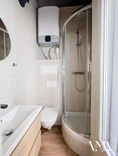 une salle de bain avec une douche, des toilettes et un lavabo dans l'établissement Appart chaleureux gare Oullins 3, à Oullins