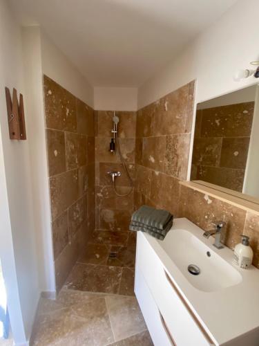 une salle de bain avec un lavabo et une douche dans l'établissement La terrasse du château, à Le Barroux