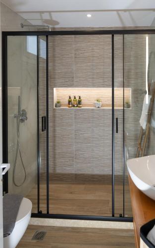 a bathroom with a shower and a toilet and a sink at View West Elafonisi house in Livadia
