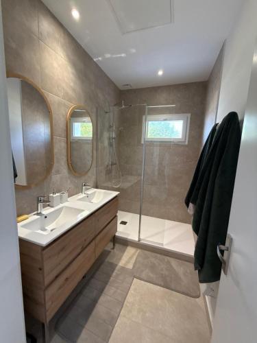 une salle de bain avec un lavabo et une douche dans l'établissement Appartement cosy et élégant, à Ambarès-et-Lagrave