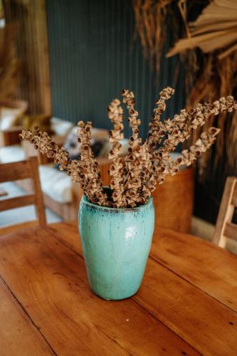 a blue vase on a wooden table with a plant at Villa Manika vue mer in Le Moule