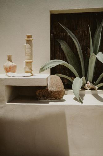 a counter with vases and a sink with a plant at Villa Manika vue mer in Le Moule
