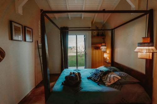 a bedroom with a canopy bed with a mirror at Villa Manika vue mer in Le Moule