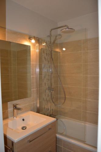 une salle de bain avec une douche avec un lavabo et une douche dans l'établissement Appartement bord de mer, à Villers-sur-Mer