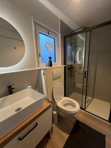 a bathroom with a toilet and a sink and a shower at Luxury Seaside Mobile Home DK, Porat Beach in Drage