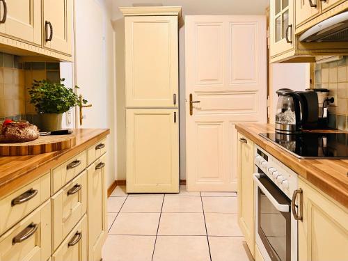 a kitchen with white cabinets and a stove top oven at SERVUS HOMES - Friends & Family in Vienna