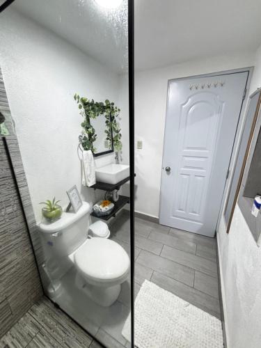 a white bathroom with a toilet and a sink at Lovely tiny studio in Jarabacoa