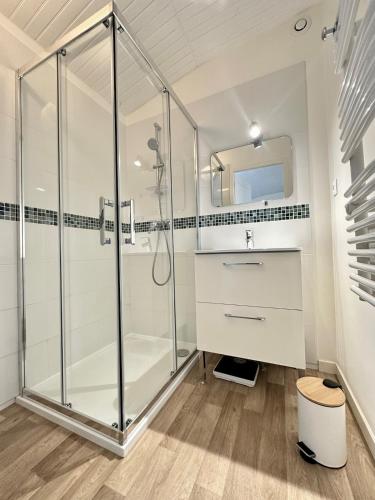 une salle de bain avec douche et lavabo dans l'établissement Confortable studio proche mer et ville, à La Tremblade