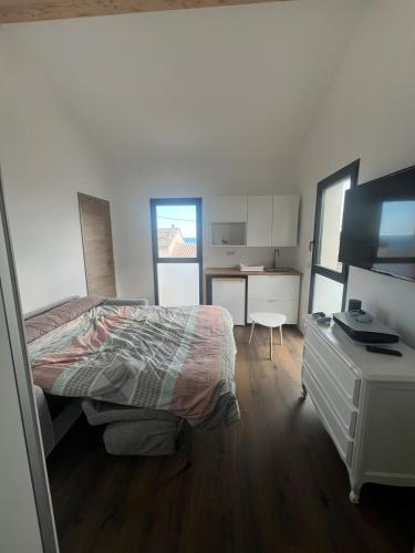 une chambre avec un lit et un bureau avec une télévision dans l'établissement Appartement au bord de mer, à San-Martino-di-Lota