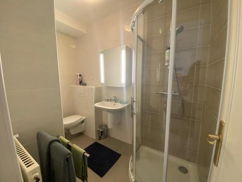 une salle de bain avec douche et lavabo dans l'établissement Studio Mer Sérénité, à Antibes