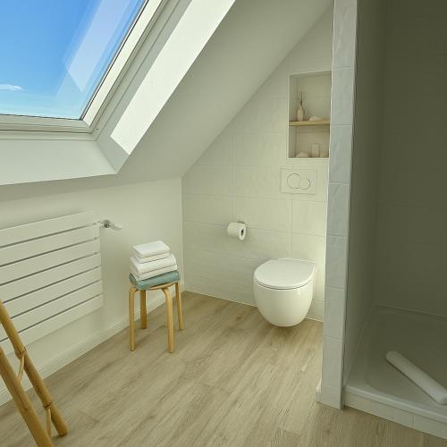 a bathroom with a toilet and a skylight at Lodge am Meer in Glücksburg