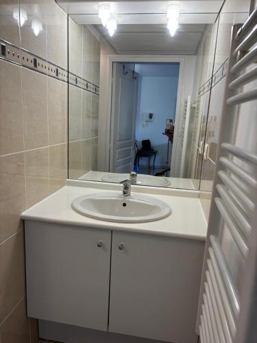 une salle de bain avec un lavabo blanc et un miroir dans l'établissement Apartment with private garage, à La Ciotat