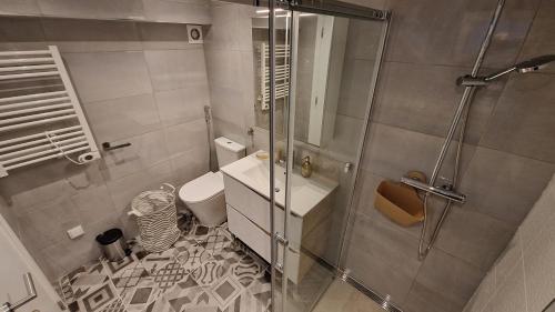 y baño con ducha y aseo. en PoolHouse EstrelasDourada ALVOR, en Alvor