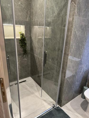 a shower with a glass door in a bathroom at Meraki Apartment in Kremasti